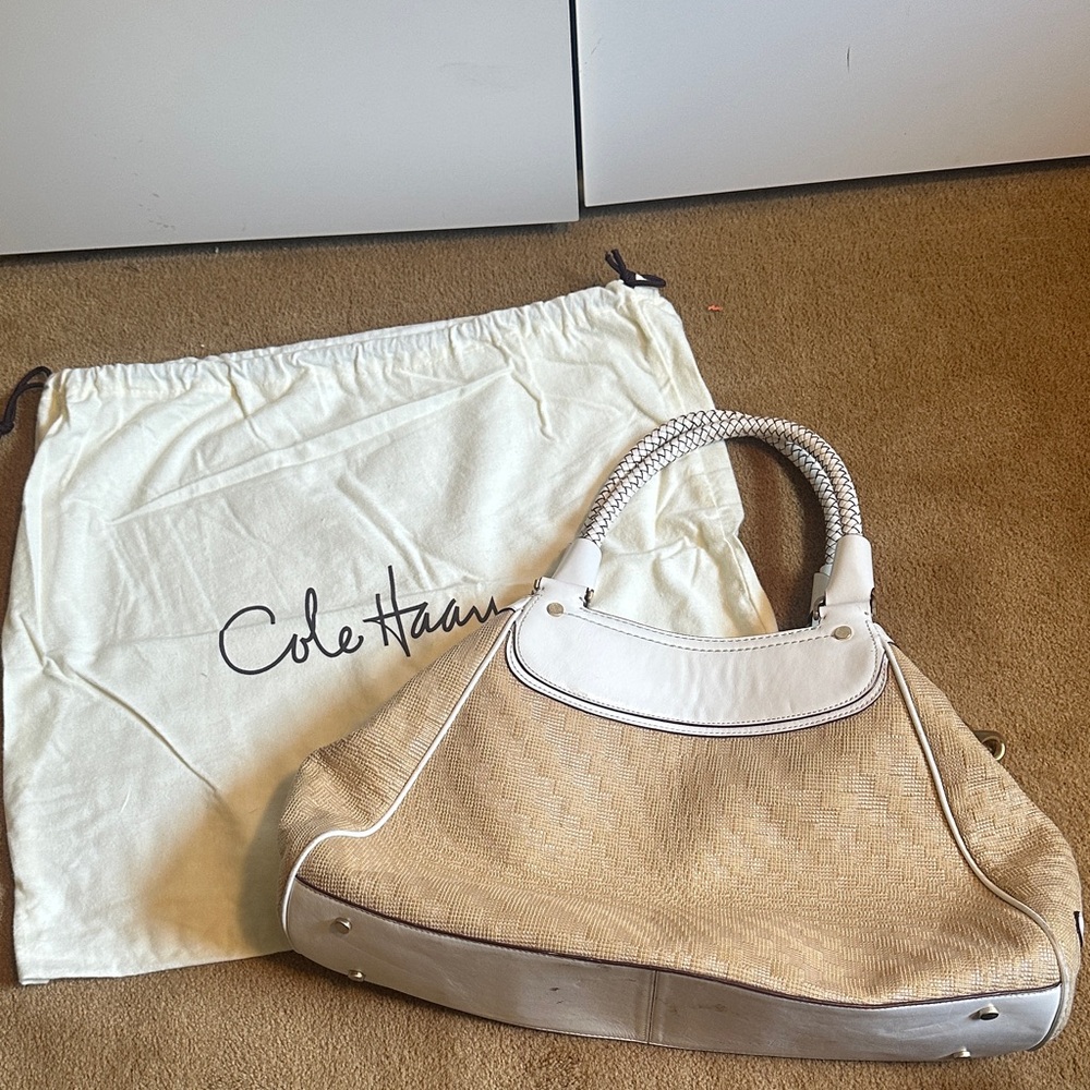 Cole Haan Tan Woven Shoulder Bag with White Trim